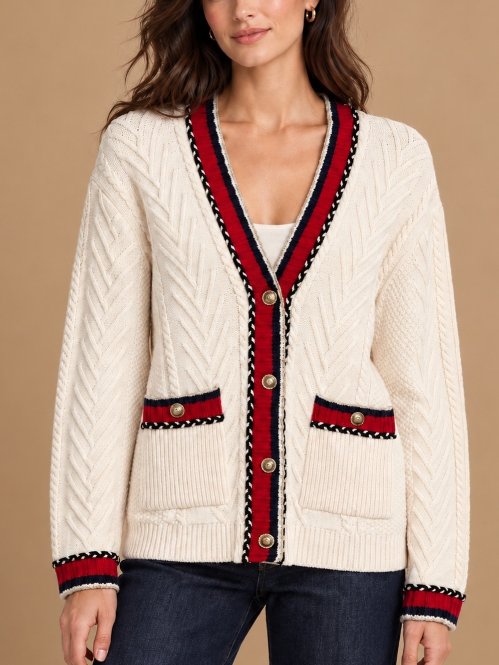MAJE Medi Contrast Cable Knit Wool Blend Cardigan (Size 2 or M)